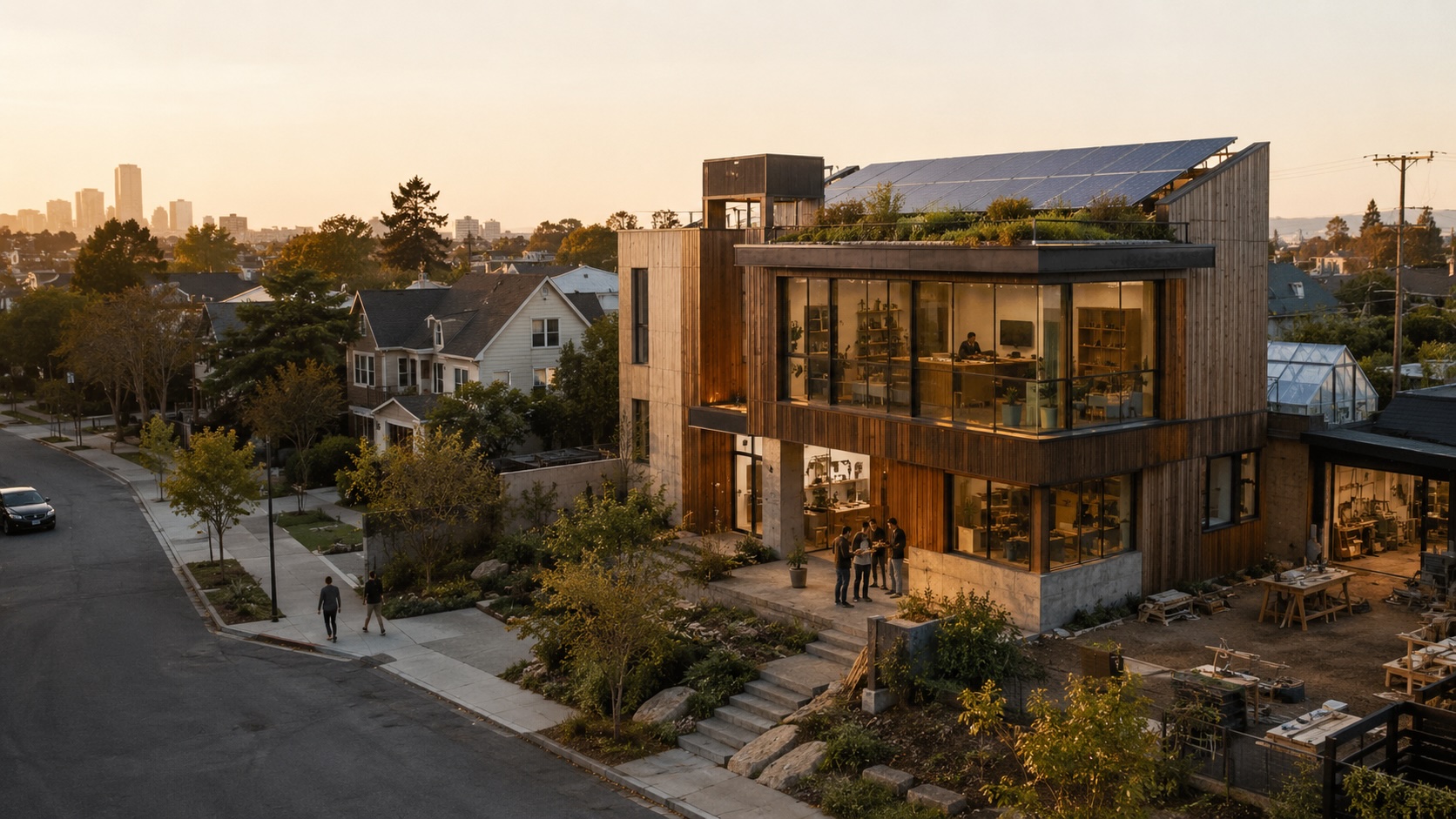 A solar-powered timber workspace overlooking a neighborhood and distant skyline at sunset.